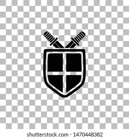 Shield and sword. Black flat icon on a transparent background. Pictogram for your project