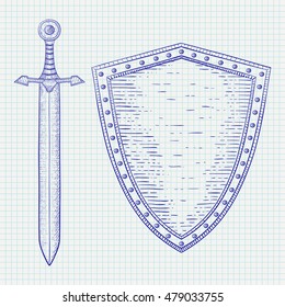 Shield with sword. Blue hand drawn sketch on notebook sheet background. Vector illustration