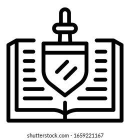 Shield sword and book icon. Outline shield sword and book vector icon for web design isolated on white background
