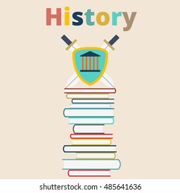 Shield with sword concept vector illustration in flat style. A stack of books to read.