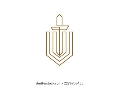 shield and sword continuous line art style logo
