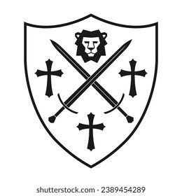 Schild und Schwert gekreuzt, Löwenkopf und Kreuzsymbol. Wappen-Symbol. Heraldry Logo-Zeichen. Vektorgrafik.