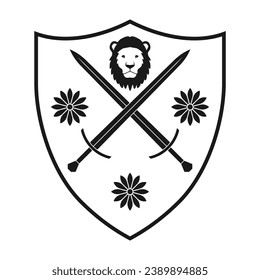 Escudo y espada cruzada, cabeza de león e ícono de flor. Símbolo del escudo de armas. signo del logotipo de heraldry. Imagen de la ilustración del vector.
