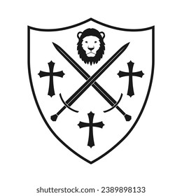 Escudo y espada cruzada, cabeza de león e icono cruzado. Símbolo del escudo de armas. signo del logotipo de heraldry. Imagen de la ilustración del vector.