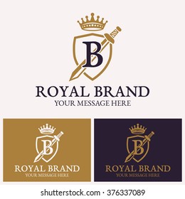 Shield with sword, crown and letter b, vector logo template for uses in different spheres