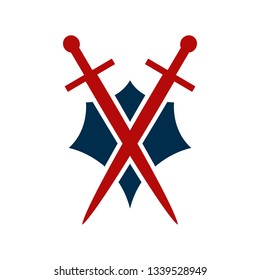 Shield and sword emblem in a square frame.