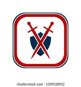 Shield and sword emblem in a square frame.