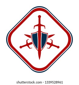 Shield and sword emblem in a square frame.