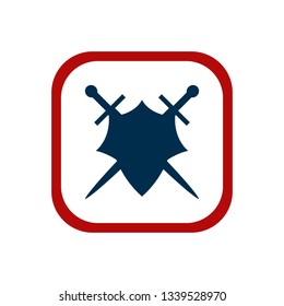 Shield and sword emblem in a square frame.