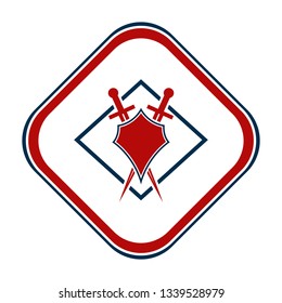 Shield and sword emblem in a square frame.