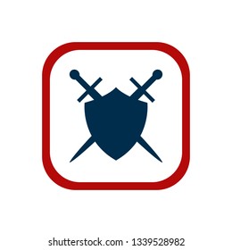Shield and sword emblem in a square frame.