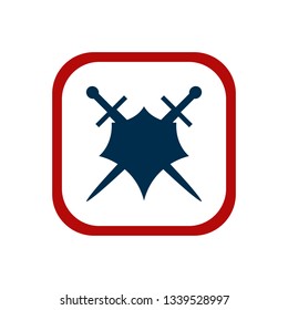 Shield and sword emblem in a square frame.