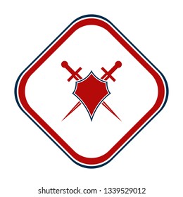Shield and sword emblem in a square frame.