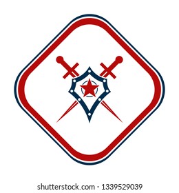 Shield and sword emblem in a square frame.