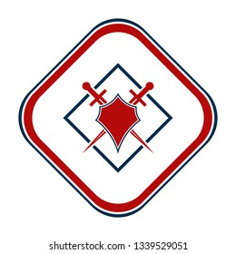 Shield and sword emblem in a square frame.