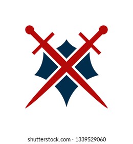 Shield and sword emblem in a square frame.