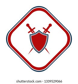 Shield and sword emblem in a square frame.