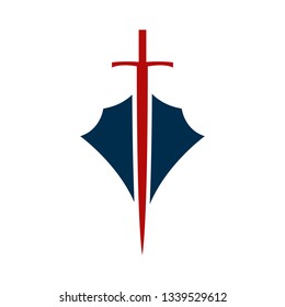 Shield and sword emblem in a square frame.