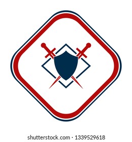 Shield and sword emblem in a square frame.