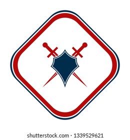 Shield and sword emblem in a square frame.