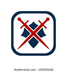 Shield and sword emblem in a square frame.