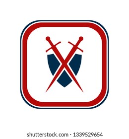 Shield and sword emblem in a square frame.