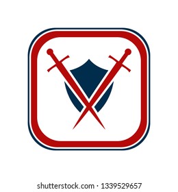 Shield and sword emblem in a square frame.