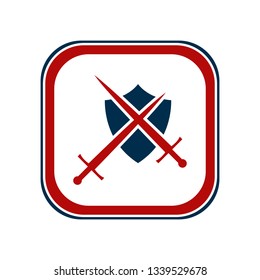 Shield and sword emblem in a square frame.