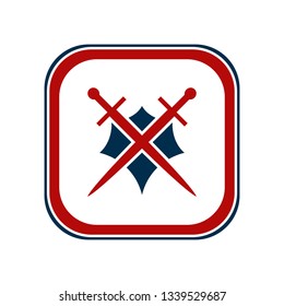 Shield and sword emblem in a square frame.