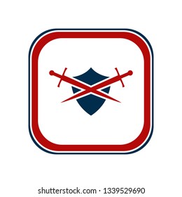 Shield and sword emblem in a square frame.