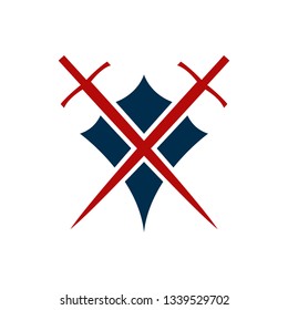 Shield and sword emblem in a square frame.