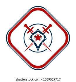 Shield and sword emblem in a square frame.