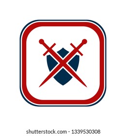 Shield and sword emblem in a square frame.
