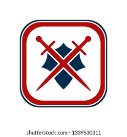 Shield and sword emblem in a square frame.