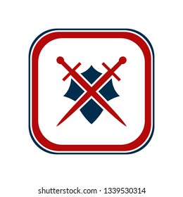 Shield and sword emblem in a square frame.