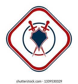 Shield and sword emblem in a square frame.