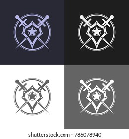 Shield and sword emblem with star. Defender logo template.