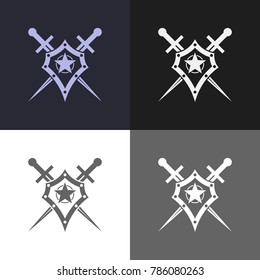 Shield and sword emblem with star. Defender logo template. Security sign.