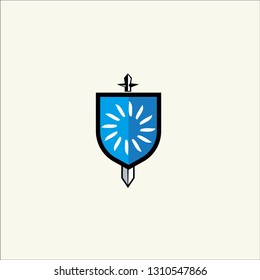 
Shield and sword in flat design. Blue shield and sword icon isolated. Vector illustration. - Vector 