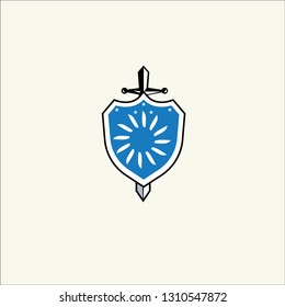 
Shield and sword in flat design. Blue shield and sword icon isolated. Vector illustration. - Vector 