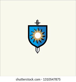
Shield and sword in flat design. Blue shield and sword icon isolated. Vector illustration. - Vector 
