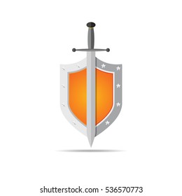 Shield and sword in flat design. Orange shield and sword icon isolated. Vector illustration.