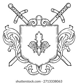 Un escudo con una espada y una flor de lis en él