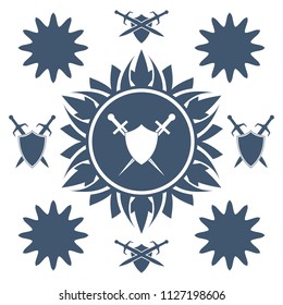 Shield and sword in flower. Blue shield and sword symbol.