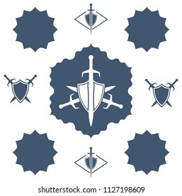 Shield and sword in flower. Blue shield and sword symbol.