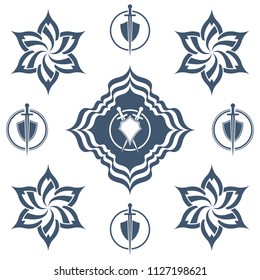 Shield and sword in flower. Blue shield and sword symbol.