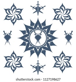 Shield and sword in flower. Blue shield and sword symbol.