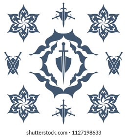Shield and sword in flower. Blue shield and sword symbol.