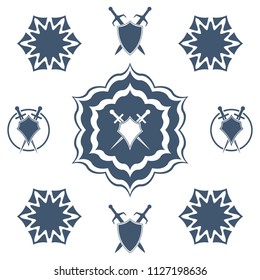 Shield and sword in flower. Blue shield and sword symbol.