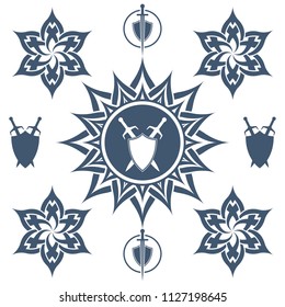 Shield and sword in flower. Blue shield and sword symbol.